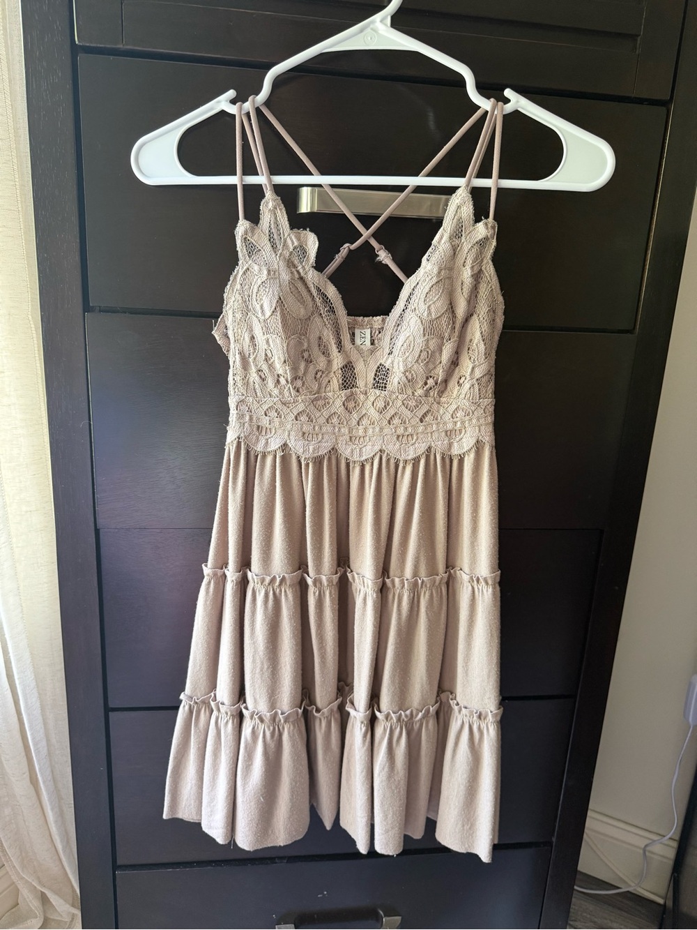 Tiered Lace-Trim Spaghetti Strap Mini Dress - Beige